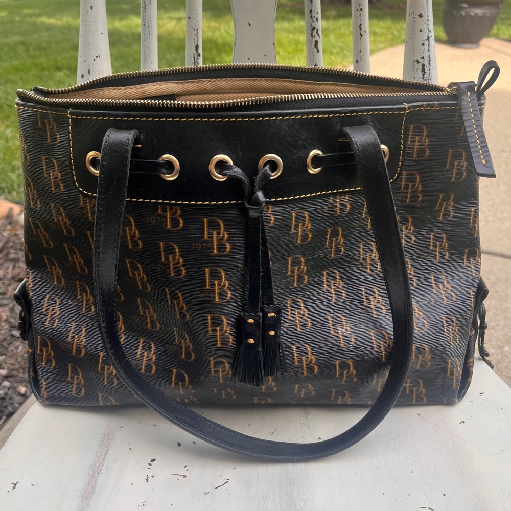 Vintage Dooney & Bourke DB 1975 Monogram Tote Bag Black Brown Tassel Zip